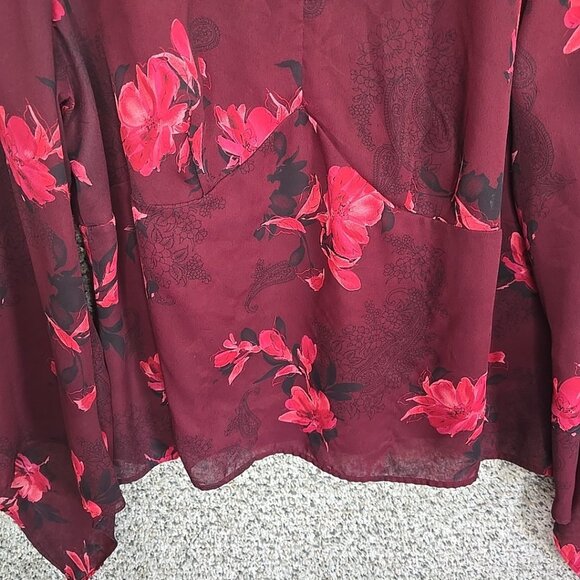 Lane Bryant Top Womens Plus 20 Burgundy Floral Print Sheer Blouse V Neck Ladies - Picture 5 of 7